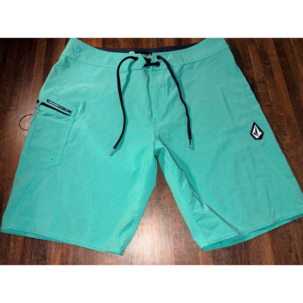 Volcom Mod-Tech Board Shorts Mens 33 Teal Green‎ Repreve Stretch Swim Trunks